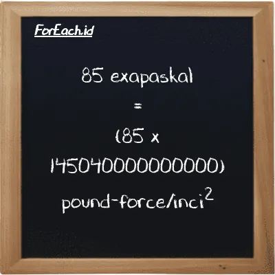 Cara konversi exapaskal ke pound-force/inci<sup>2</sup> (EPa ke lbf/in<sup>2</sup>): 85 exapaskal (EPa) setara dengan 85 dikalikan dengan 145040000000000 pound-force/inci<sup>2</sup> (lbf/in<sup>2</sup>)